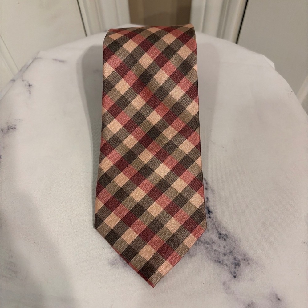 Kenneth Cole New York Mens Silk Tie Gingham Check Burgundy Tan Brown Formal